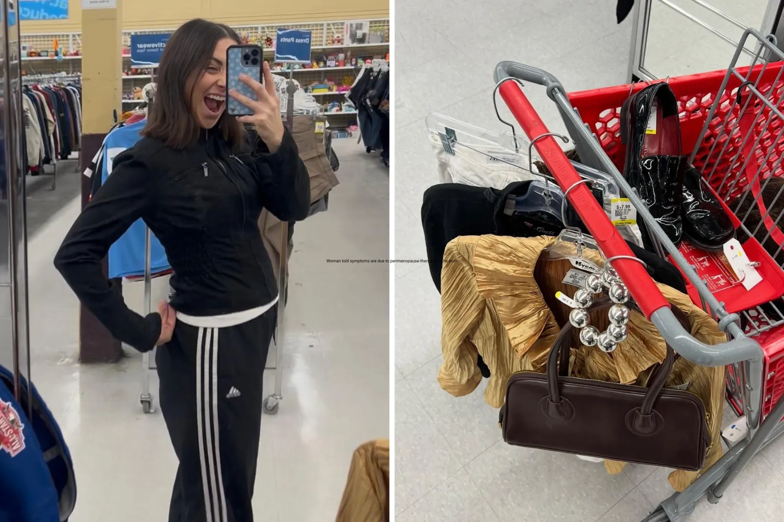 Clow takes a mirror selfie in a secondhand store. A photo of her trolley with items on it.