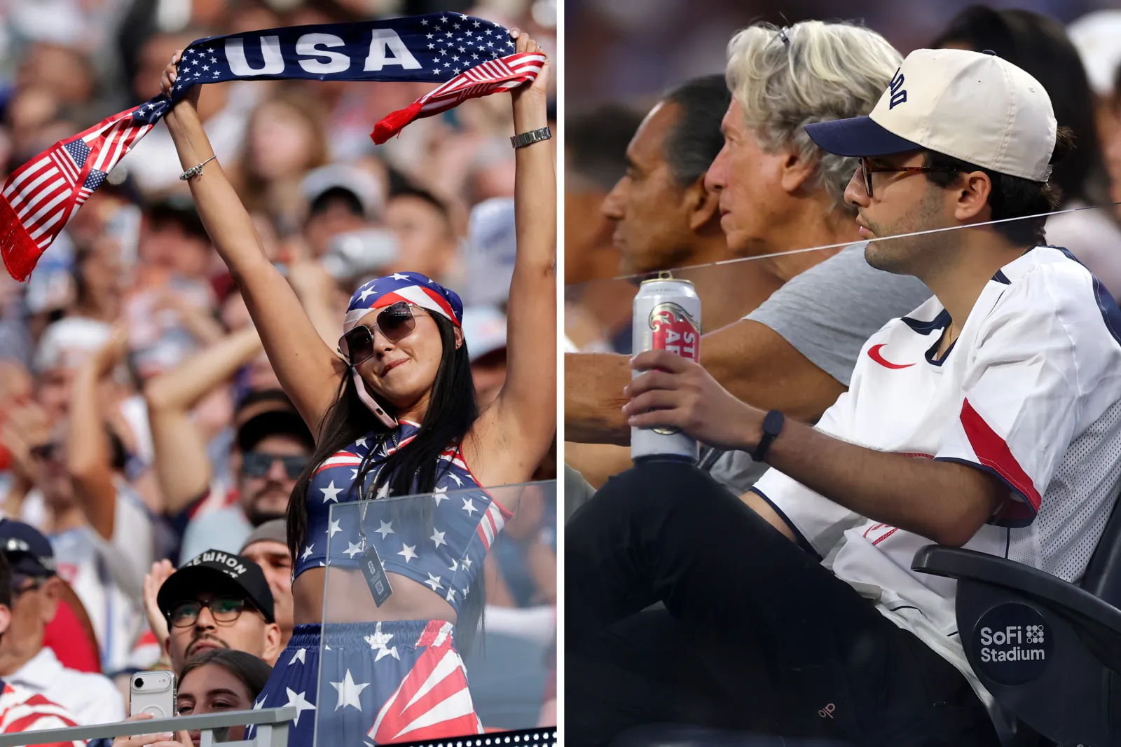 Fans watch on whilst holding a can of Stella Artois during the FIFA World Cup 2026 Group D match between USA and Paraguay at Los Angeles Stadium on June 12, 2026 in Los Angeles, California.