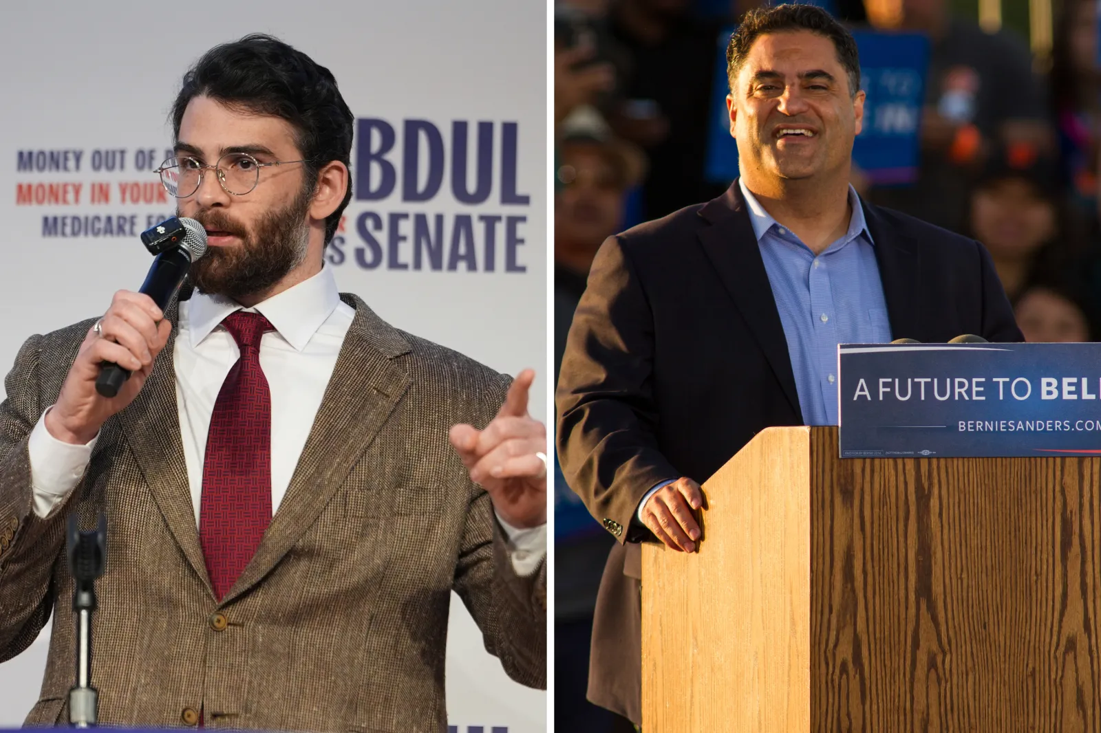 Left: Hasan Piker speaks at a campaign rally for Abdul El-Sayed, a progressive candidate in the Democratic primary for U.S. Senate in Michigan, Tuesday, April 7, 2026, at the University of Michigan in Ann Arbor, Mich. Right: Television personality host of The Young Turks, Cenk Nadir Uygur speaks at the Vallejo A Future to Believe In Rally at Waterfront Park on May 18, 2016 in Vallejo, California.