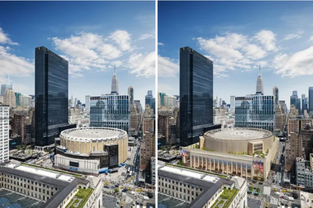 Image on the left shows the current aerial view of Penn Station, while the image on the right shows an aerial view of the renovated Penn Station.
