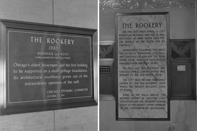 A view of signs in the lobby of The Rookery, pictured here in 1968.