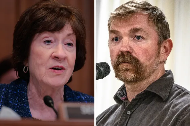 L: Senator Susan Collins speaks at a Senate hearing on December 9, 2025. R: Graham Platner attends a town hall in Portland, Maine, on June 7, 2026.