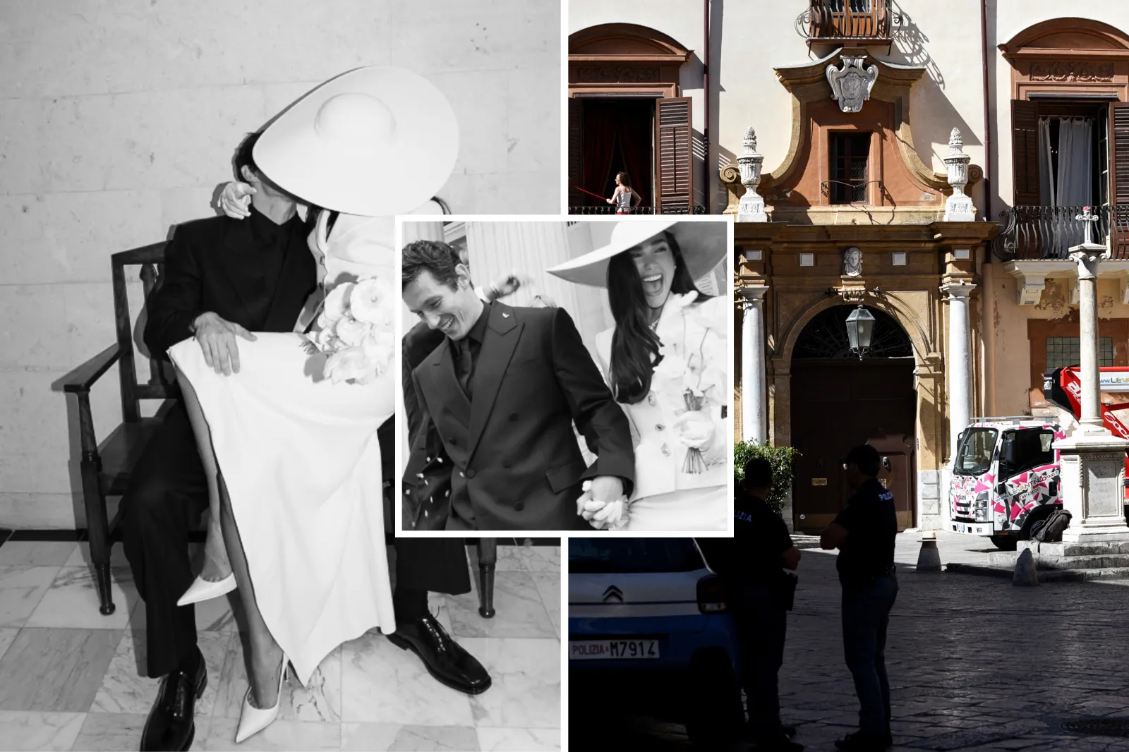 Dua Lipa and Callum Turner in London, England on May 31, 2026 (L); and their reception venue in Sicily, Italy.