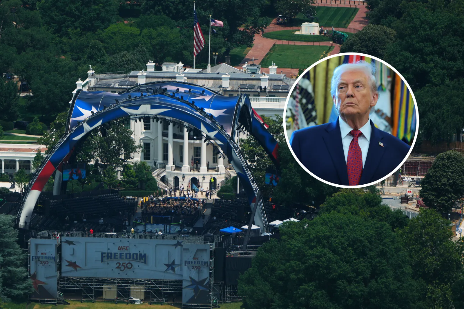 The outdoor UFC arena on the White House lawn with an inset of President Donald Trump. (AP Photo/Getty Images)