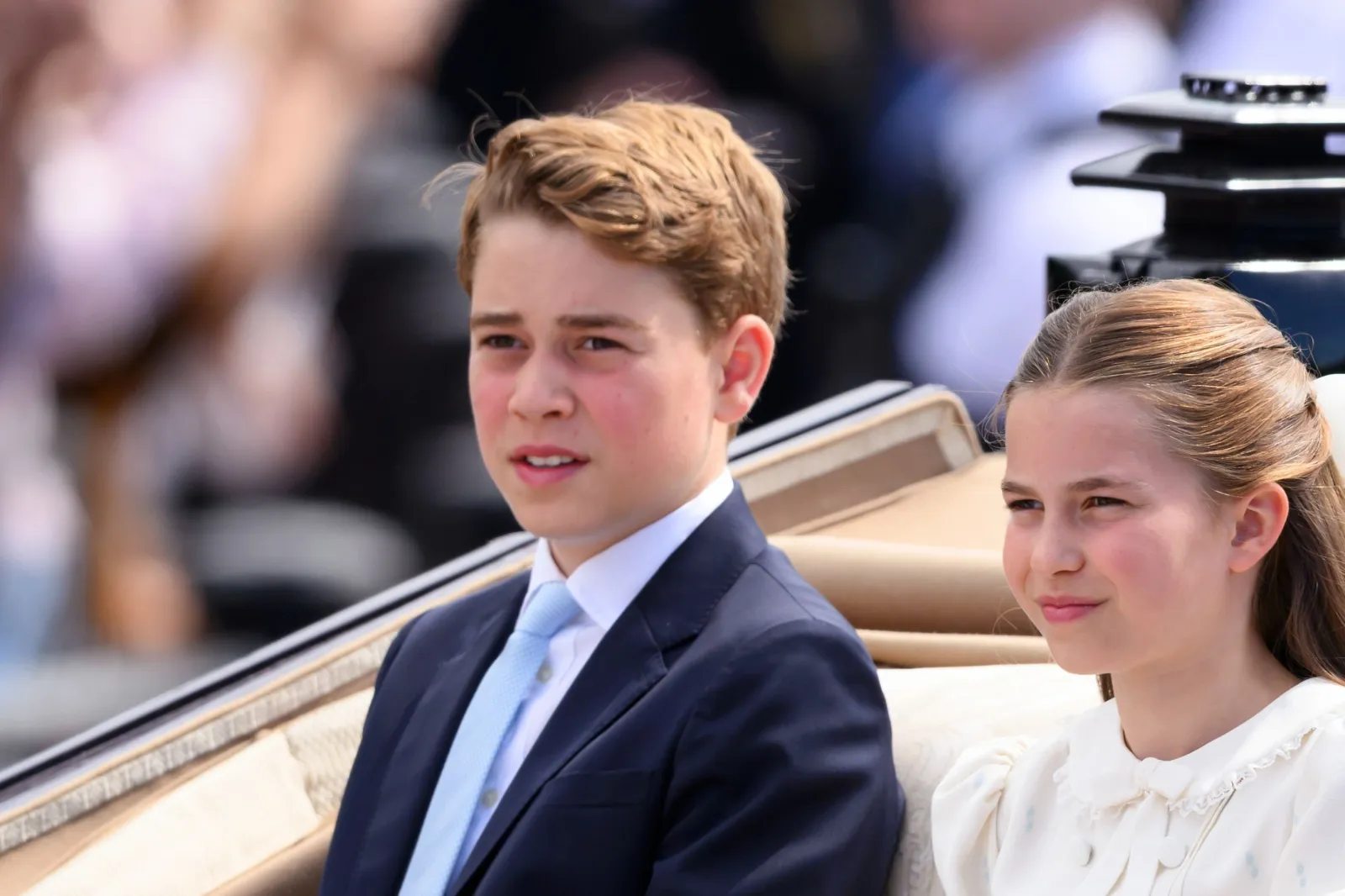 Prince George and Princess Charlotte during the carriage procession at Trooping The Colour, in London, on June 13, 2026.