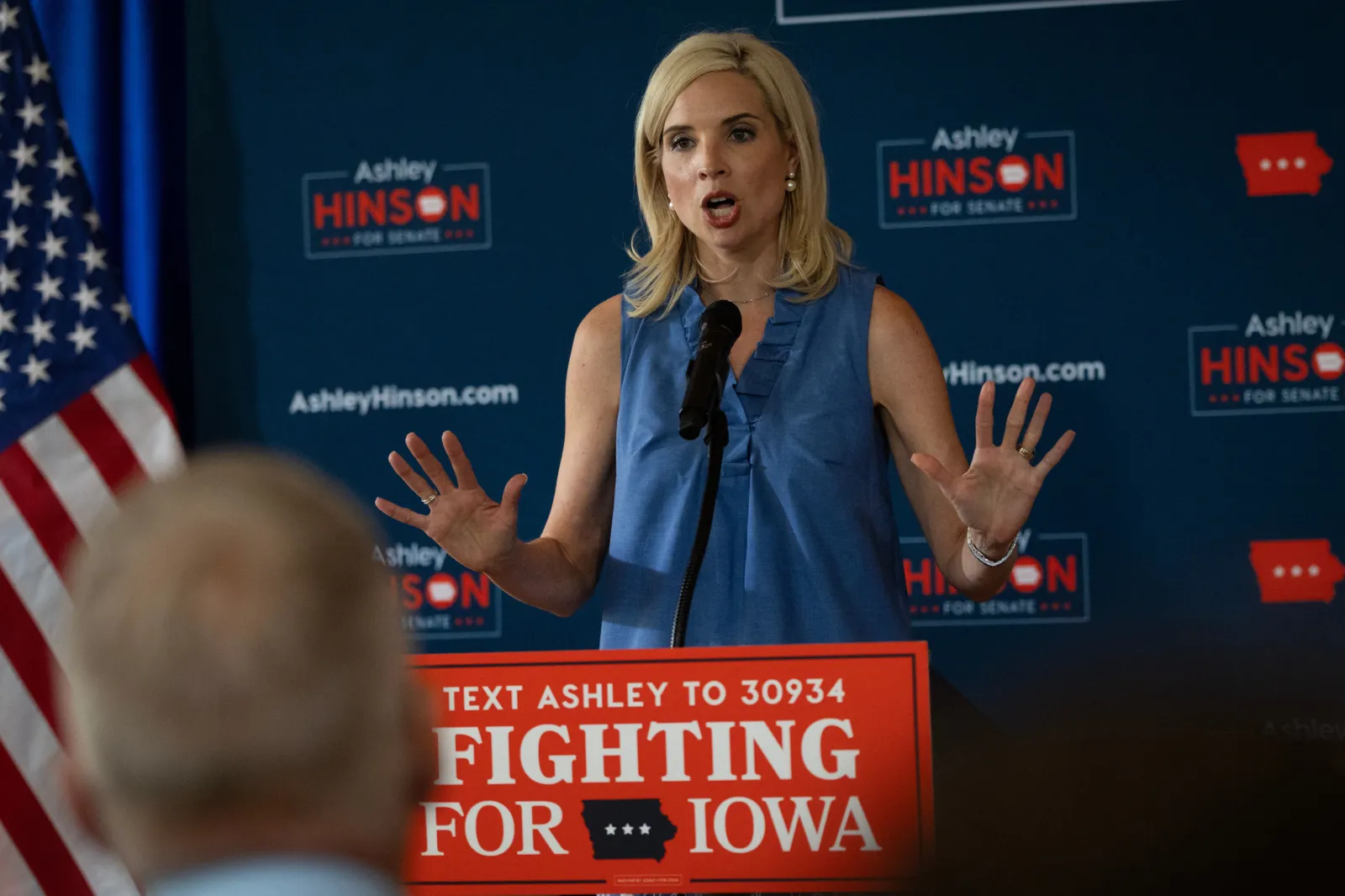 Republican candidate for the U.S. Senate Ashley Hinson speaks during a campaign event on June 01, 2026 in Dubuque, Iowa.
