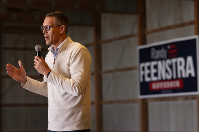 Republican gubernatorial candidate, U.S. Rep Randy Feenstra (R-IA) speaks to guests during a campaign event at the Silo City farm on May 30, 2026 near Sioux Rapids, Iowa.