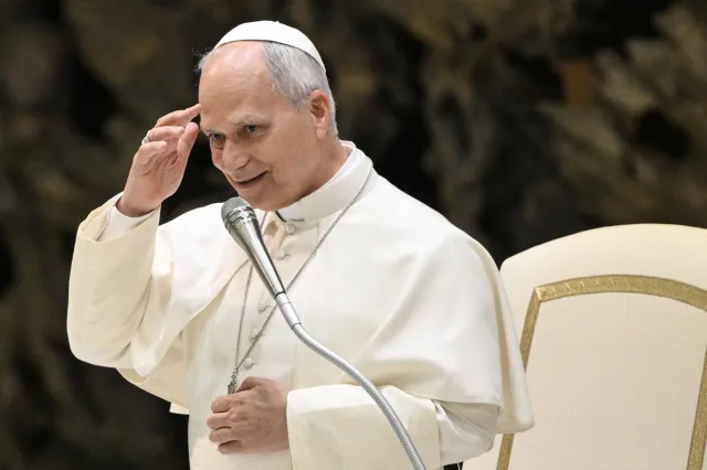 Pope Leo XIV addresses the audience in the Paul VI Hall in the Vatican on June 1, 2026.