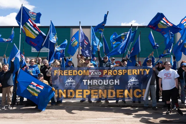 Separatist supporters gather during a rally in front of the Elections Alberta headquarters in Edmonton, Canada, on May 4, 2026.