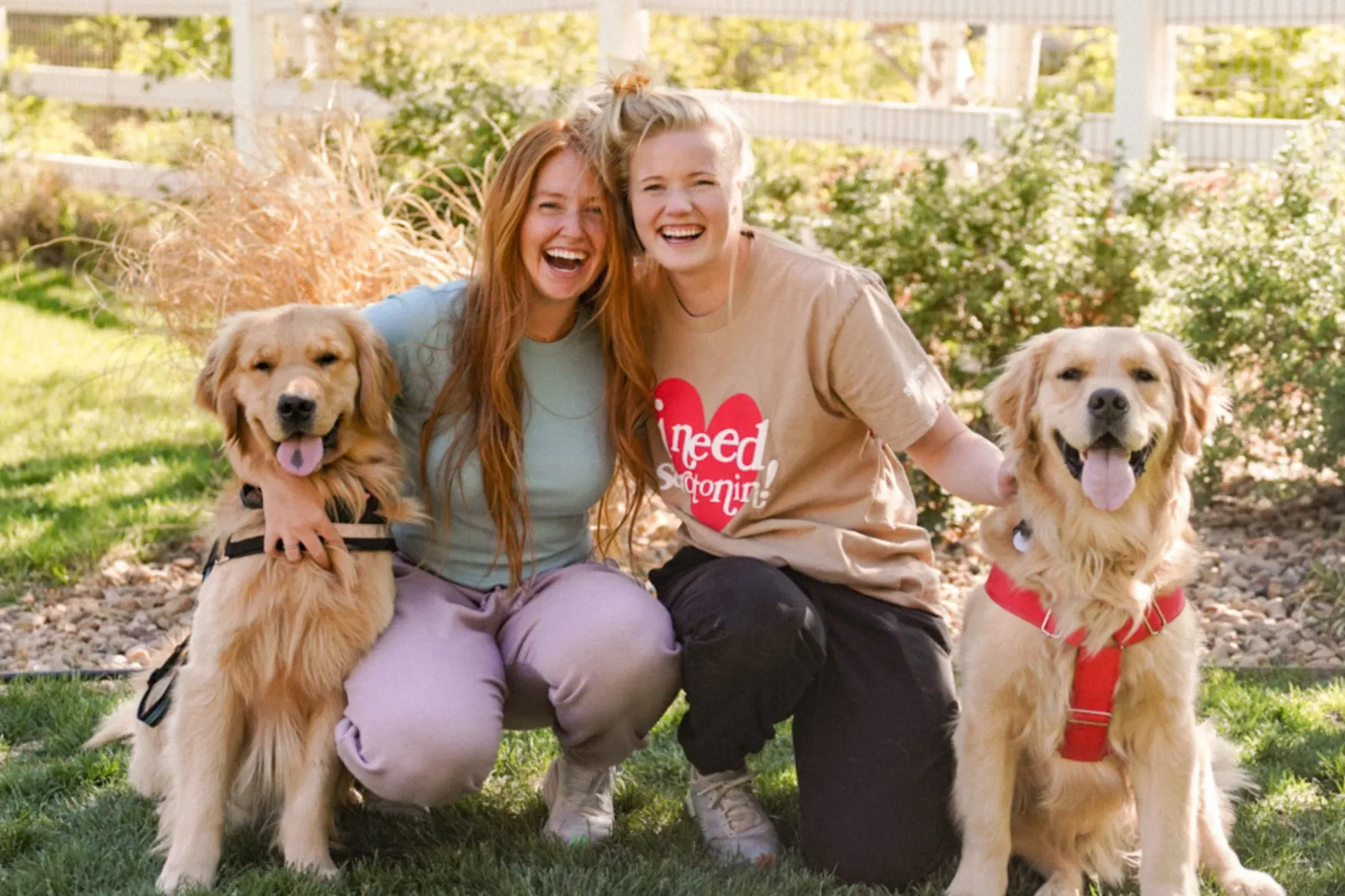 (L-) Courtney and her golden retriever service dog called Erik. Lydia Barron with her service dog.