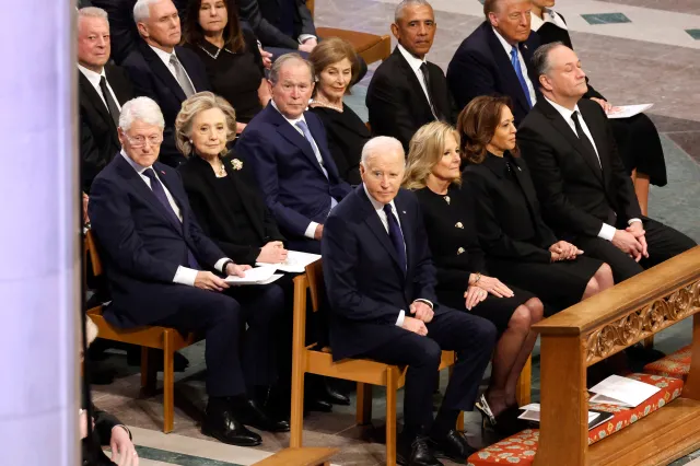 Former U.S. Vice Presidents Al Gore and Mike Pence, Karen Pence, former U.S. President Bill Clinton, former Secretary of State Hillary Clinton, former U.S. President George W. Bush, Laura Bush, former U.S. President Barack Obama, U.S. President Donald Trump, First Lady Melania Trump, former U.S. President Joe Biden, former First Lady Jill Biden, former U.S. Vice President Kamala Harris and former second gentleman Doug Emhoff attend the state funeral for former U.S. President Jimmy Carter at Washington National Cathedral on January 09, 2025 in Washington, DC.