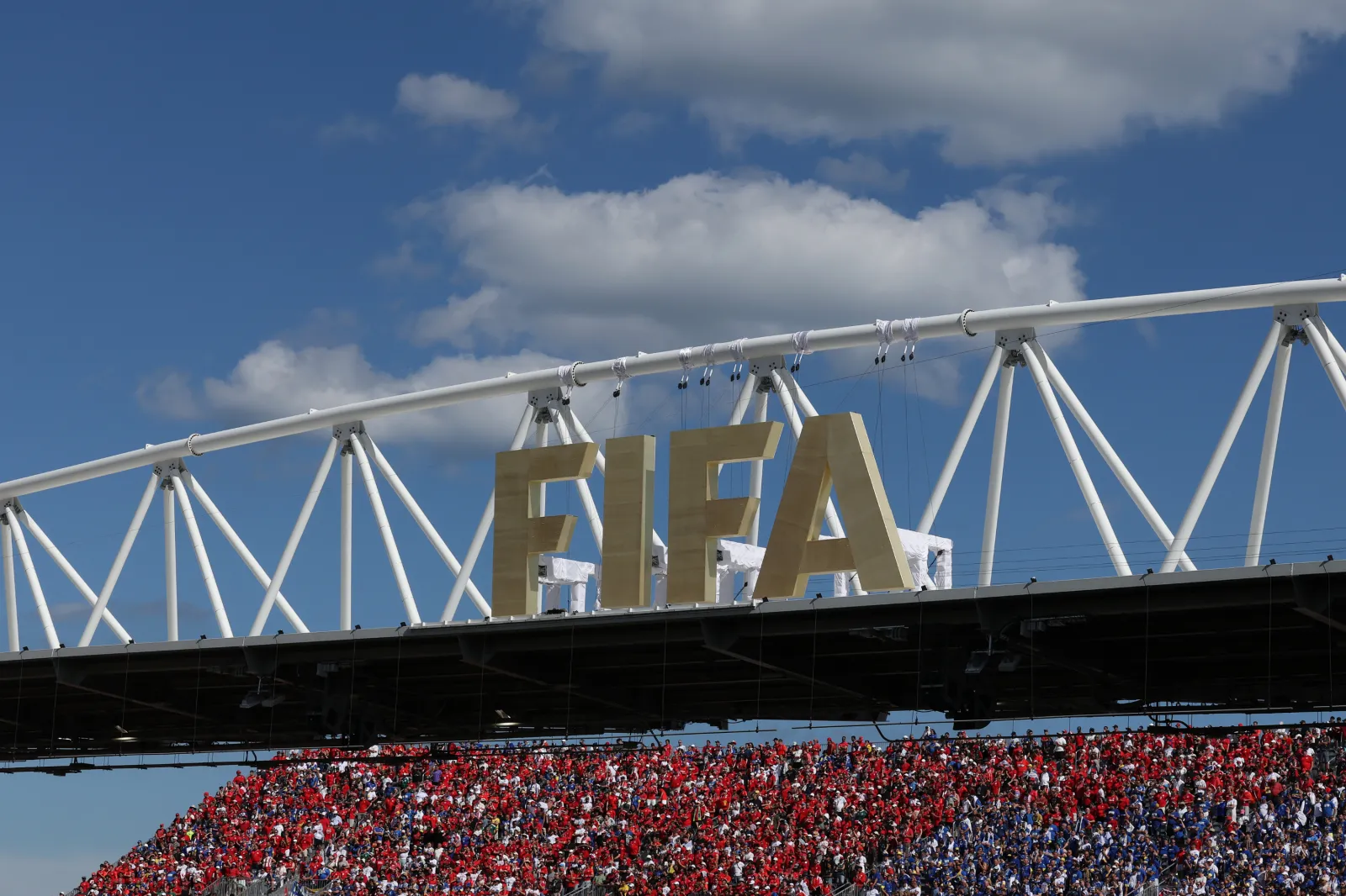 Detail shot of giant FIFA logo and supporters in grandstand during the FIFA World Cup 2026 Group B match between Canada and Bosnia and Herzegovina at Toronto Stadium on June 12, 2026 in Toronto, Ontario.