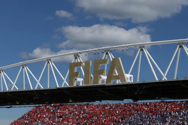 Detail shot of giant FIFA logo and supporters in grandstand during the FIFA World Cup 2026 Group B match between Canada and Bosnia and Herzegovina at Toronto Stadium on June 12, 2026 in Toronto, Ontario.