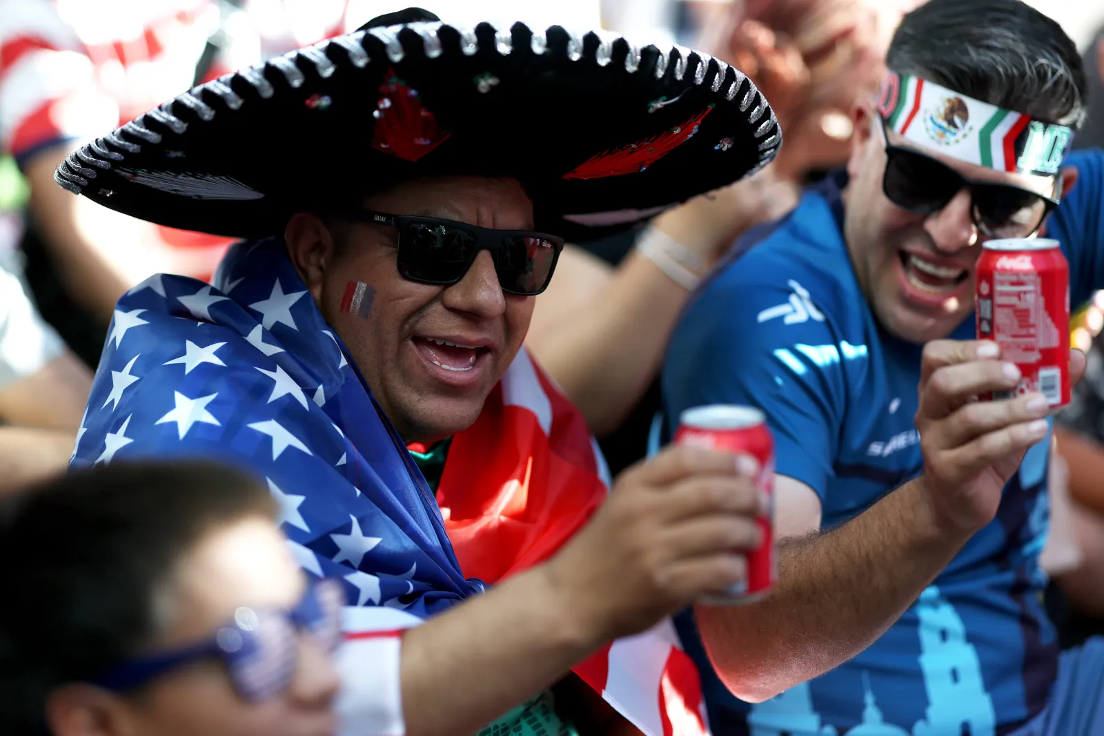 Football fans cheer as they watch USA and Paraguay at San Pedro Square for a FIFA World Cup watch party on June 12, 2026 in San Jose, California.