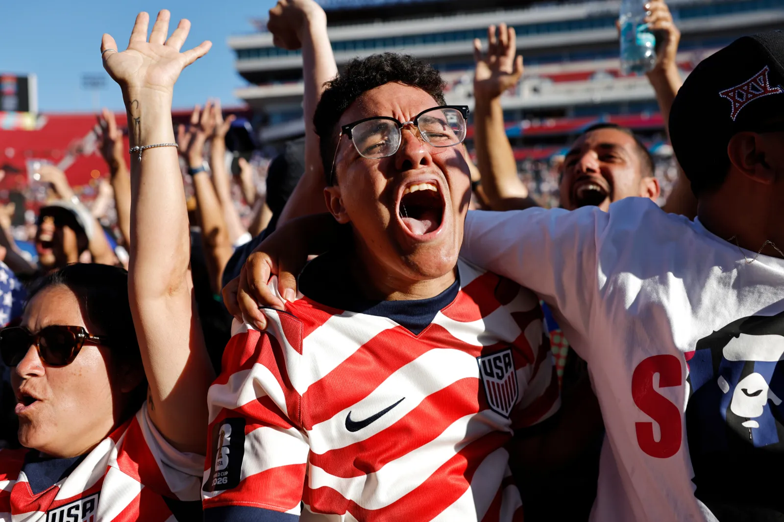 United States fans cheer after the U.S. scored the first goal in their World Cup match against Paraguay while watching the match at the FIFA Fan Festival at LA Memorial Coliseum on June 12, 2026 in Los Angeles, California.