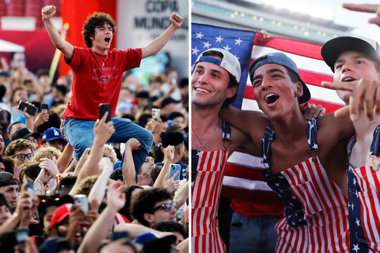 United States fans cheer after the U.S. scored the first goal in their World Cup match against Paraguay while watching the match at the FIFA Fan Festival at LA Memorial Coliseum on June 12, 2026 in Los Angeles, California.
