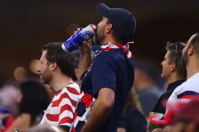 Fans are seen with Michelob Ultra cups in the stands during the FIFA World Cup 2026 Group D match between USA and Paraguay at Los Angeles Stadium on June 12, 2026 in Los Angeles, California.