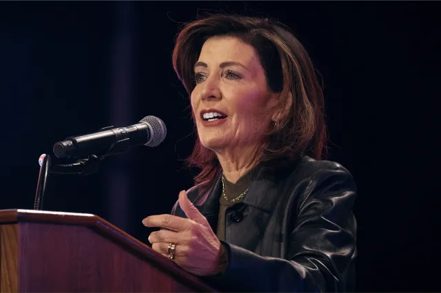 Governor of New York, Kathy Hochul, speaks during an election rally at Forest Hills Stadium on October 26, 2025 in the Queens borough of New York City | Getty Images
