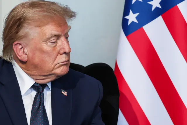 President Donald Trump speaks during a bilateral meeting with France's President on the sidelines of the G7 summit, in Evian, central-eastern France on June 15, 2026.