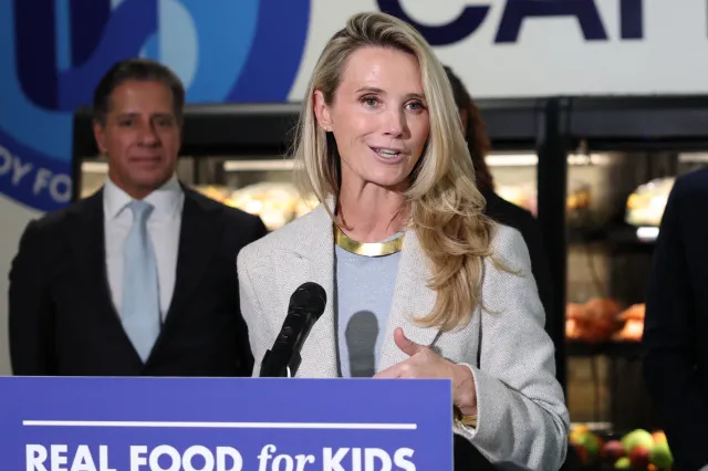 Jennifer Siebel Newsom, wife of California Governor Gavin Newsom, speaks at Belvedere Middle School in Los Angeles on October 8, 2025. Newsom signed legislation to improve nutrition in schools across California.