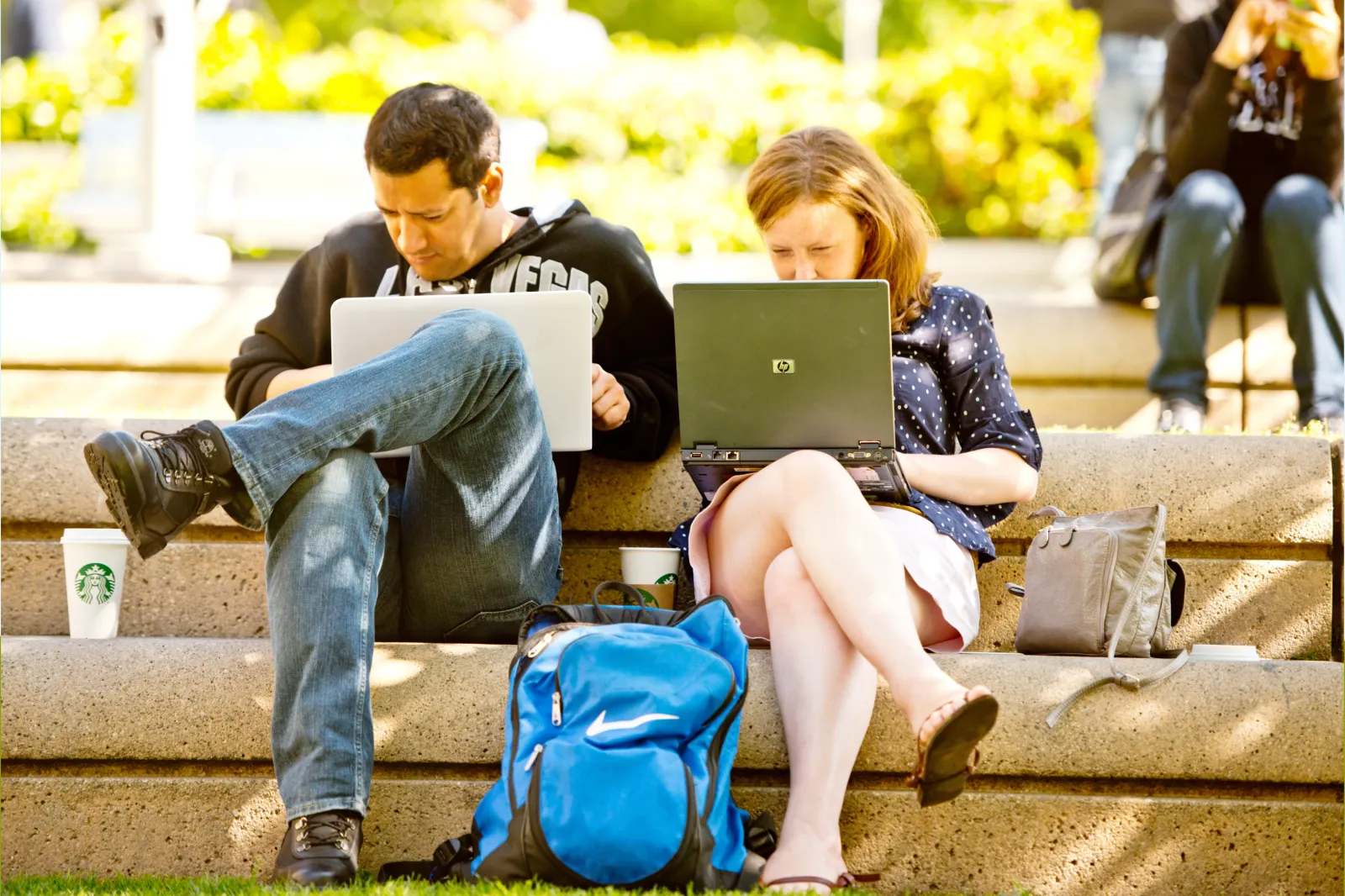 Students use laptops to study in Union Square, San Francisco.