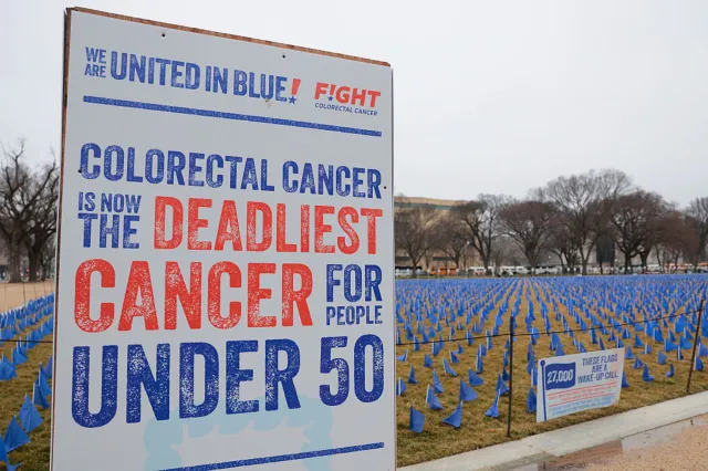 27,000 blue flags are on display at the National Mall to represent lives that could be saved from colorectal cancer with further funding and research on March 06, 2026, in Washington, D.C. The installation on the National Mall encourages Congress to dedicate more funding towards research on colorectal cancer.