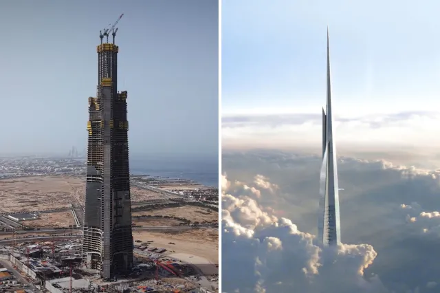 A view of the Jeddah Tower under construction in June (left); a rendering of the top of the tower (right).