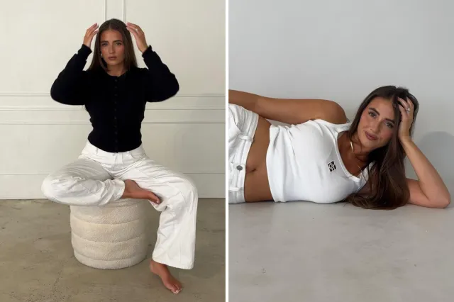 From left: Elena Assimakopoulos poses on a stool; and lies on the ground.