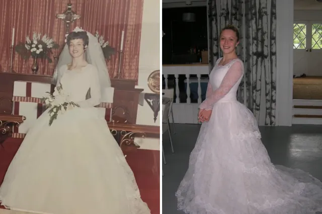 Patricia Carlson Bartlett in 1996, and Catherine Michelle trying to dress on in 2013.