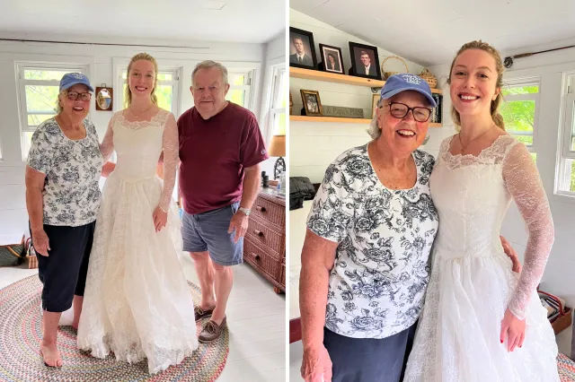 Catherine Michelle trying the dress on with her grandparents in 2025.