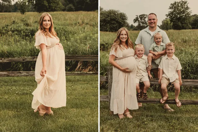 Samantha Robinson, 35, standing outside with her family while pregnant.