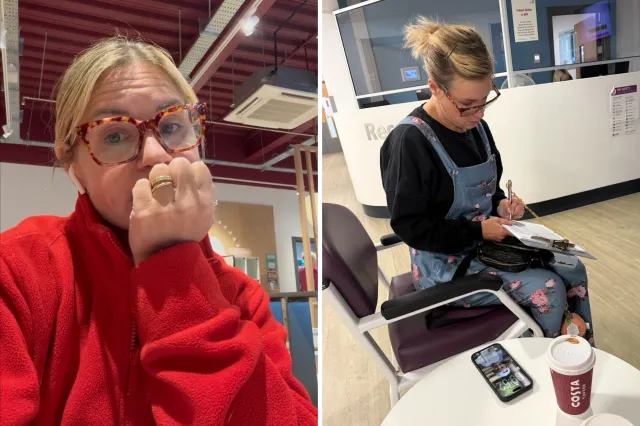Samantha Smith waiting in hospital before diagnosis, and filling out paperwork for an MRI.