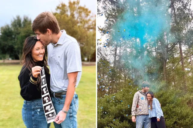 From left: Maribeth Powers and Jack Henderson pose with their ultrasound scans and during the gender reveal in a forest.