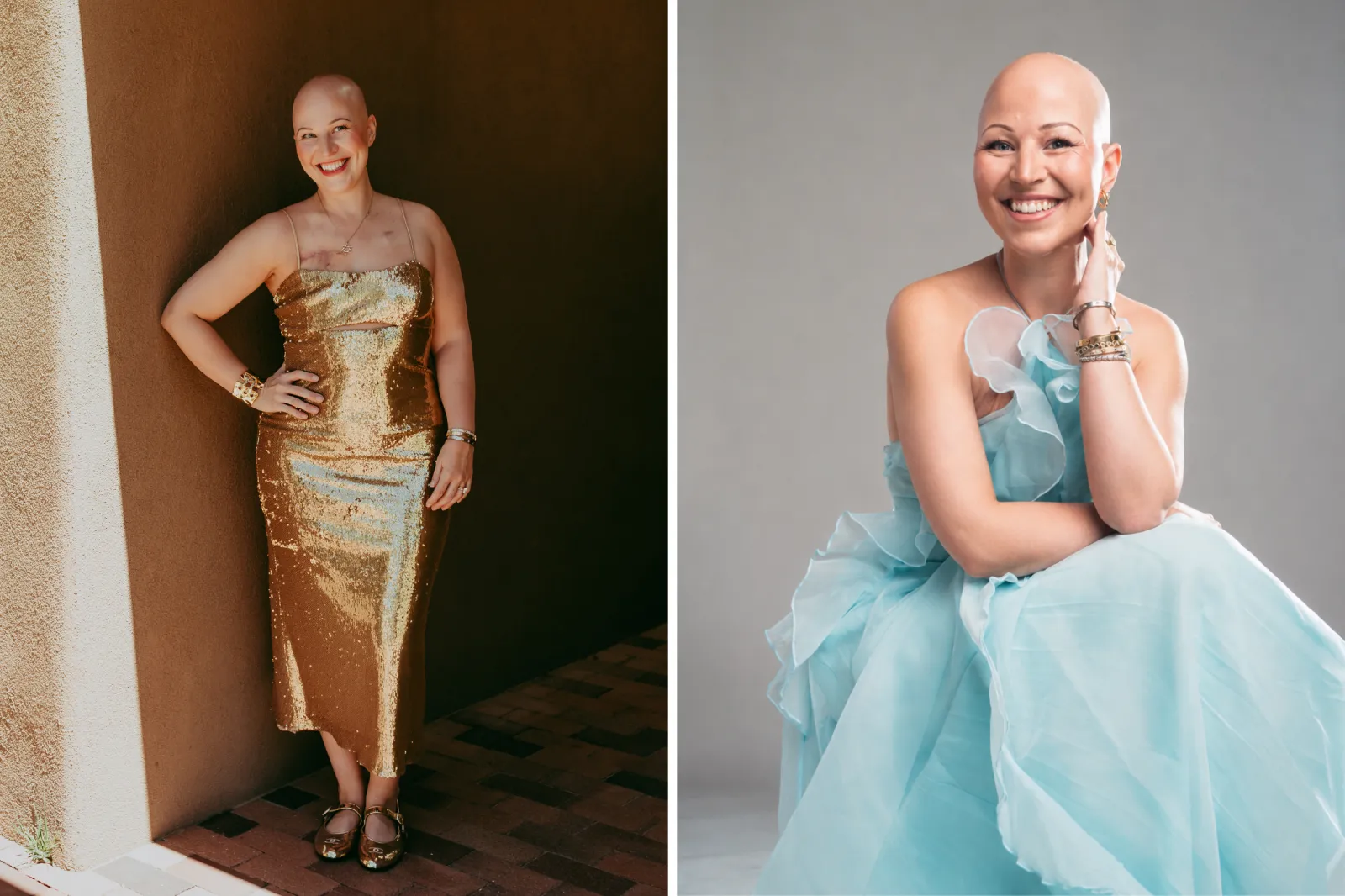 From left: Tegan Kline stands in a gold dress; and poses in a blue gown.