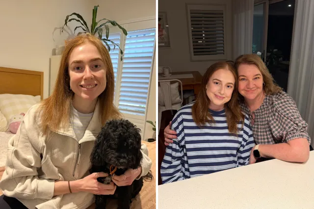 From left: Charlotte Fowler holds her dog at home before the diagnosis; and is hugged by her mom after treatment.