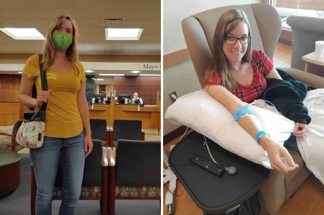 Whitney Goetsch is seen standing in a medical facility and receiving an infusion.