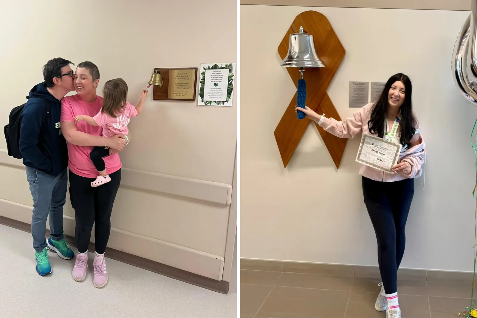 Ashleigh Kaplan with her family, ringing the bell at the end of her treatment.