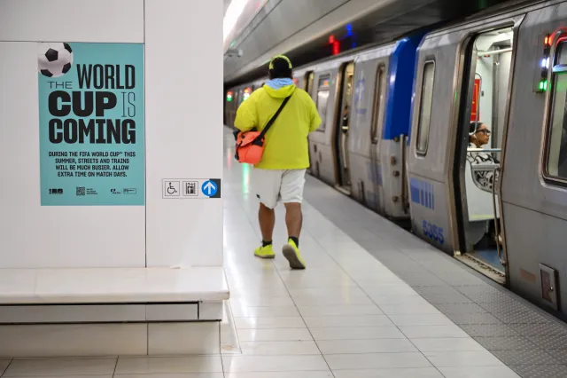 Signage promoting the 2026 FIFA World Cup is seen in the PATH train station at the World Trade Center hub in New York on May 30.
