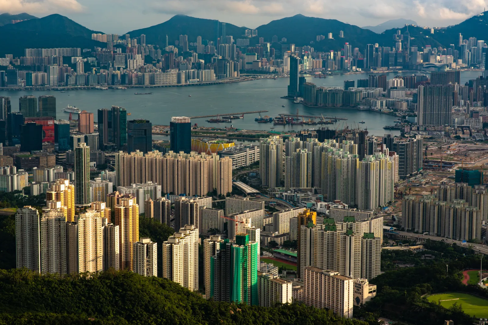 A bird's eye view of Hong Kong at dusk.