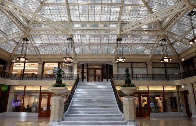 The Rookery's central light court and lobby, pictured here in 2013, which was remodeled in1905 by famed architect Frank Lloyd Wright.