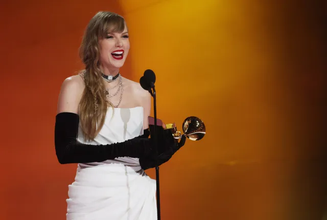 Taylor Swift accepting a Grammy Award in February 2024.
