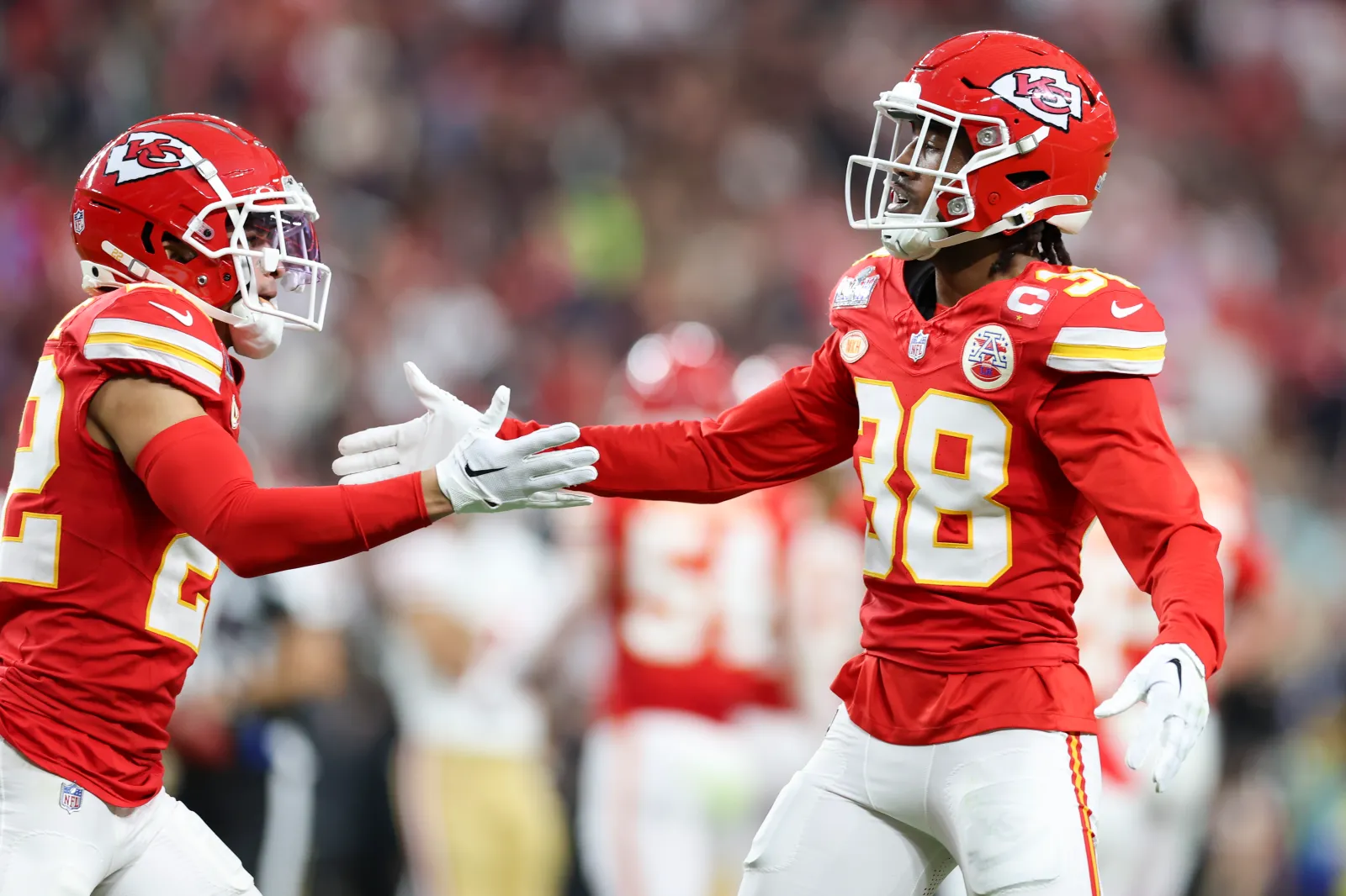 LAS VEGAS, NV - FEBRUARY 11: L'Jarius Sneed #38 celebrates with Trent McDuffie #22 of the Kansas City Chiefs during Super Bowl LVIII against the San Francisco 49ers at Allegiant Stadium on February 11, 2024 in Las Vegas, NV. (Photo by Perry Knotts/Getty Images)