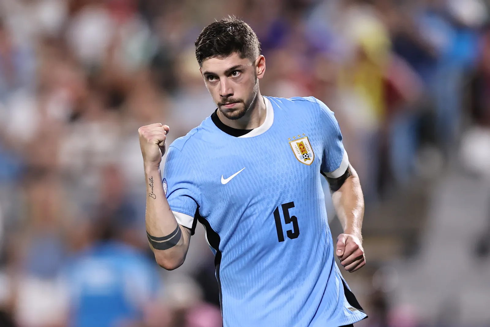 CHARLOTTE, NORTH CAROLINA - JULY 13: Federico Valverde of Uruguay celebrates scoring the team's first penalty in the penalty shoot out during the CONMEBOL Copa America 2024 third place match between Uruguay and Canada at Bank of America Stadium on July 13, 2024 in Charlotte, North Carolina. (Photo by Omar Vega/Getty Images)