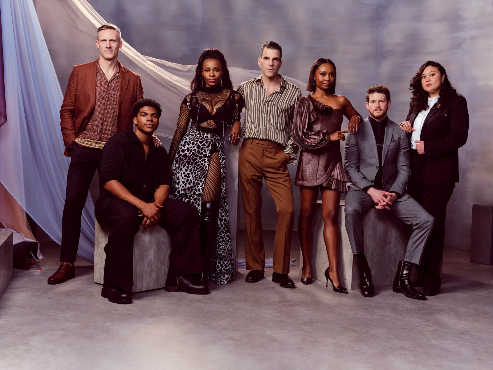 From left, the cast of "Brilliant Minds," Teddy Sears, Spence Moore II, Tamberla Perry, Zachary Quinto, Ashleigh LaThrop, Alex MacNicoll and Aury Krebs on October 10, 2024, in Los Angeles.