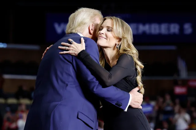 Donald Trump greets media personality Megyn Kelly at his presidential campaign rally at the PPG Paints Arena on November 4, 2024, in Pittsburgh, Pennsylvania.
