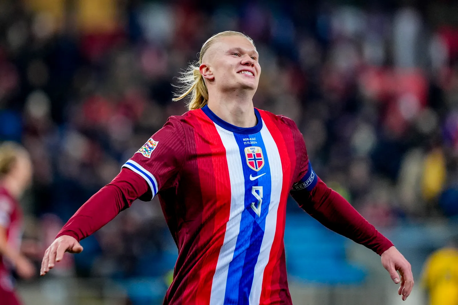 Norway's forward #09 Erling Braut Haaland celebrates after scoring a goal during the UEFA Nations League, League B Group 3 football match between Norway and Kazakhstan at Ullevaal Stadium in Oslo, Norway, on November 17, 2024. (Photo by Terje Pedersen / NTB / AFP) / Norway OUT (Photo by TERJE PEDERSEN/NTB/AFP via Getty Images)