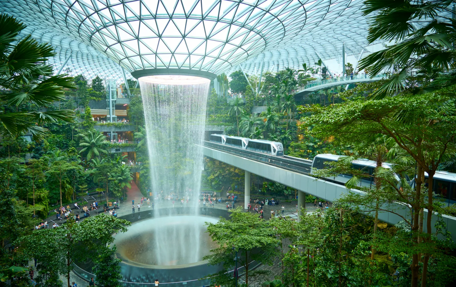 A view of the Rain Vortex, an indoor waterfall at Singapore's Changi Airport.