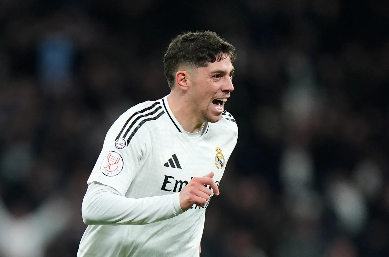 MADRID, SPAIN - JANUARY 16: Federico Valverde of Real Madrid celebrates scoring his team's fourth goal during the Copa Del Rey match between Real Madrid and Celta de Vigo at Estadio Santiago Bernabeu on January 16, 2025 in Madrid, Spain.  (Photo by Angel Martinez/Getty Images)
