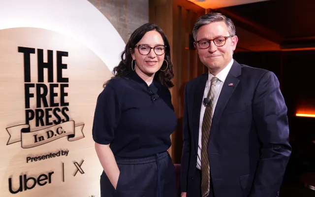 CBS News editor-in-chief Bari Weiss (L), formerly of The Free Press, is shown with Speaker of the House Mike Johnson (R) at an event on January 17, 2025 in Washington, DC. (Getty Images)