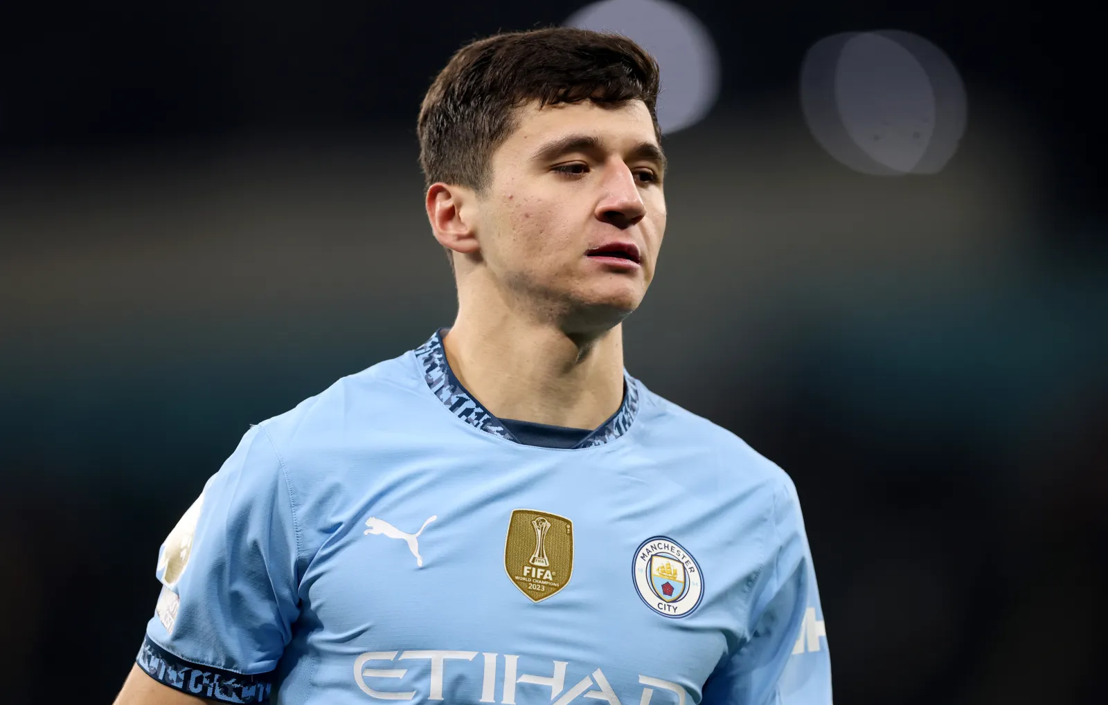Abdukodir Khusanov of Manchester City during the Premier League match between Manchester City FC and Chelsea FC at Etihad Stadium on Jan. 25, 2025 in Manchester, England. (Photo by Carl Recine/Getty Images)